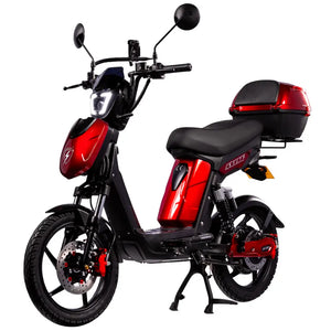Eskuta SX-250 Series 4 Tourer moped-style electric bike with 250W motor, red body panels, and rear storage box for comfortable commuting and leisure rides.
