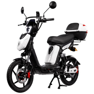 Eskuta SX-250 Series 4 Tourer moped-style electric bike with 250W motor, white body panels, and rear storage box for comfortable commuting and leisure rides.