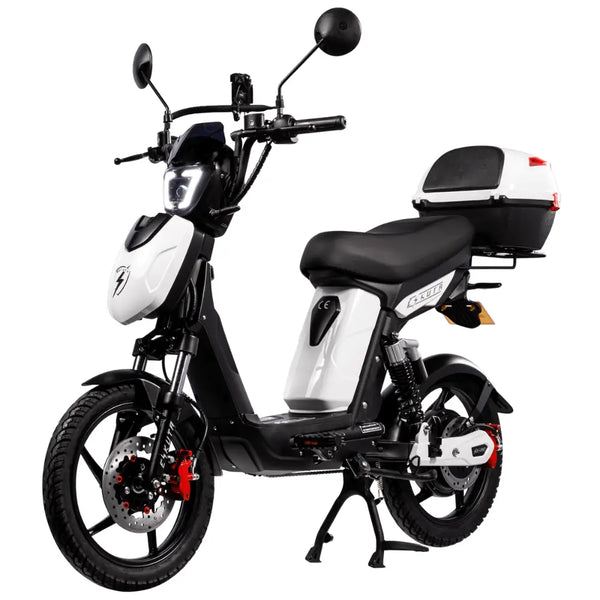 Eskuta SX-250 Series 4 Tourer moped-style electric bike with 250W motor, white body panels, and rear storage box for comfortable commuting and leisure rides.