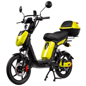 Eskuta SX-250 Series 4 Tourer moped-style electric bike with 250W motor, yellow body panels, and rear storage box for comfortable commuting and leisure rides.