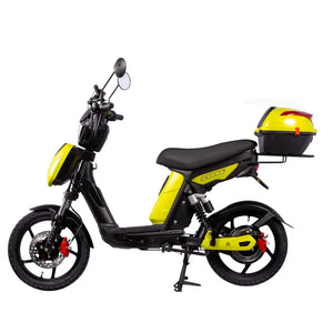 Eskuta SX-250 Series 4 Tourer moped-style electric bike with 250W motor, yellow body panels, and rear storage box for comfortable commuting and leisure rides.