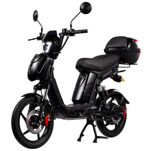 Eskuta SX-250 Voyager moped-style electric bike with 250W motor, sleek black finish, and rear-mounted storage box for convenient cargo carrying.