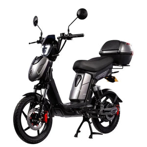 Eskuta SX-250 Voyager moped-style electric bike with 250W motor, sleek grey finish, and rear-mounted storage box for convenient cargo carrying.