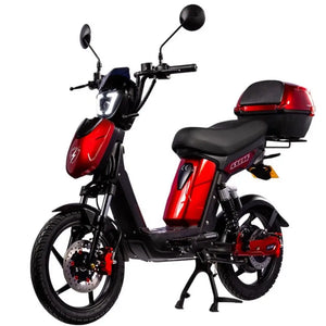 Eskuta SX-250 Voyager moped-style electric bike with 250W motor, sleek red finish, and rear-mounted storage box for convenient cargo carrying.