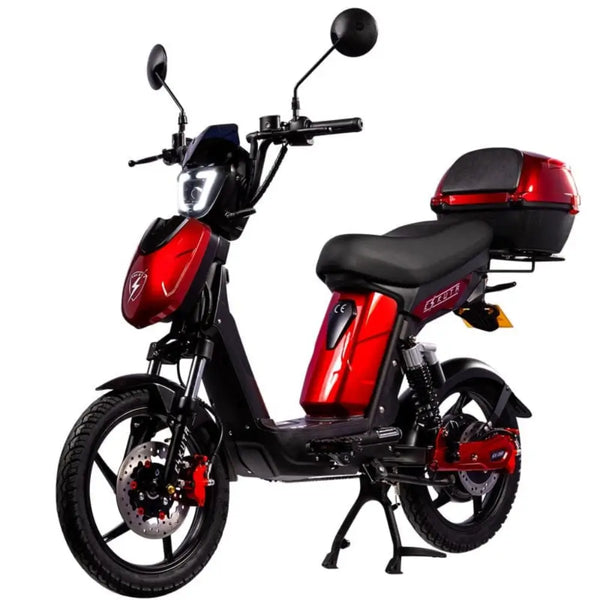 Eskuta SX-250 Voyager moped-style electric bike with 250W motor, sleek red finish, and rear-mounted storage box for convenient cargo carrying.