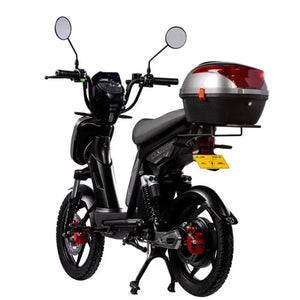 Eskuta SX-250 Voyager moped-style electric bike with 250W motor, sleek grey finish, and rear-mounted storage box for convenient cargo carrying.