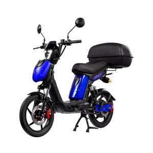 Eskuta SX-250 Voyager Max moped-style electric bike with 250W motor, blue body panels, and large rear storage box for enhanced carrying capacity.
