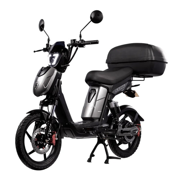 Eskuta SX-250 Voyager Max moped-style electric bike with 250W motor, grey body panels, and large rear storage box for enhanced carrying capacity.