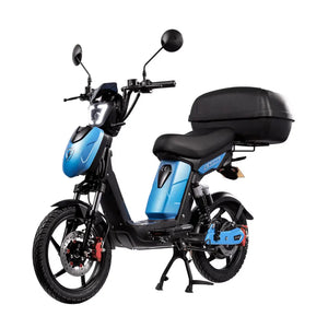 Eskuta SX-250 Voyager Max moped-style electric bike with 250W motor, matt blue body panels, and large rear storage box for enhanced carrying capacity.