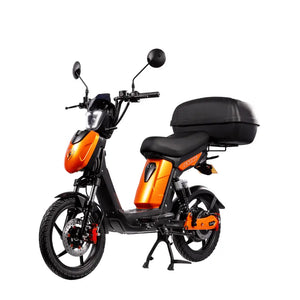 Eskuta SX-250 Voyager Max moped-style electric bike with 250W motor, orange body panels, and large rear storage box for enhanced carrying capacity.
