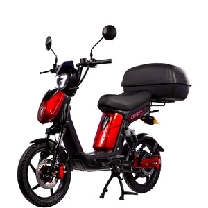Eskuta SX-250 Voyager Max moped-style electric bike with 250W motor, red body panels, and large rear storage box for enhanced carrying capacity.