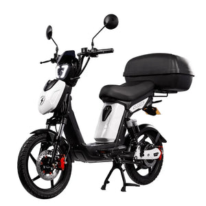 Eskuta SX-250 Voyager Max moped-style electric bike with 250W motor, white body panels, and large rear storage box for enhanced carrying capacity.
