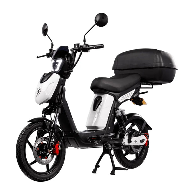 Eskuta SX-250 Voyager Max moped-style electric bike with 250W motor, white body panels, and large rear storage box for enhanced carrying capacity.