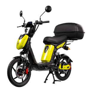 Eskuta SX-250 Voyager Max moped-style electric bike with 250W motor, yellow body panels, and large rear storage box for enhanced carrying capacity.