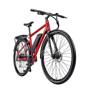 Angled view of the EZEGO Commute EX Gents electric bike in matt metallic red, featuring a diamond frame, 250W rear motor, and external downtube battery.