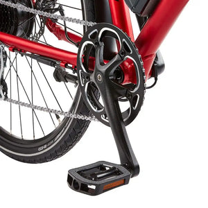 View of the alloy crankset and chainring guard on the EZEGO Commute EX Gents electric bike, designed to protect clothing while commuting.