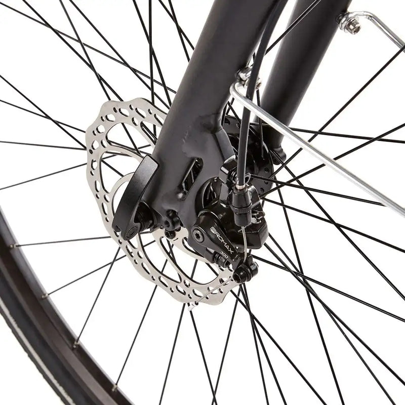 Close-up of the front wheel on the EZEGO Commute EX Gents, highlighting the Promax mechanical disc brake caliper and rotor for all-weather stopping power.