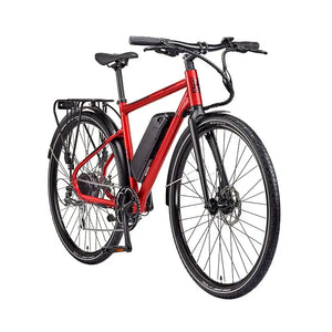 Angled view of the EZEGO Commute EX Gents electric bike in matt metallic red, featuring a diamond frame, 250W rear motor, and external downtube battery.