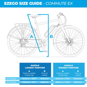 Technical size guide and frame geometry chart for the EZEGO Commute Ex gents electric bike showing saddle height and inside leg measurements.