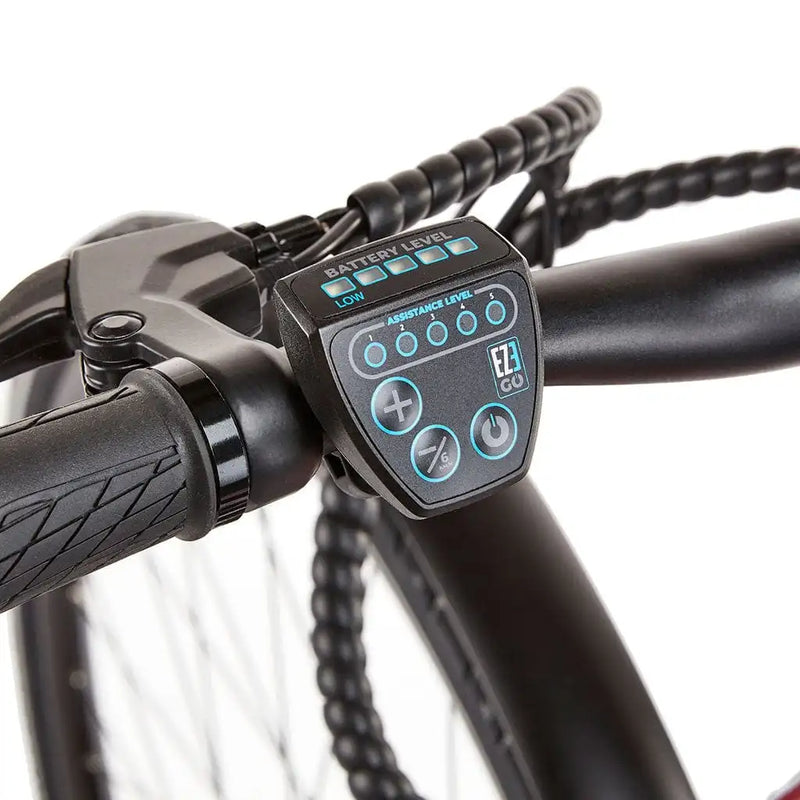 Close-up of the LED display control pad on the EZEGO Commute EX Gents bike, showing the battery level indicators and the 5-mode power assistance buttons.