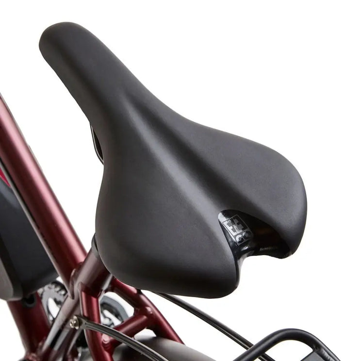 View of the EZEGO branded comfort saddle on the Commute Ex, designed with an ergonomic shape specifically for daily commuting and leisure riding.
