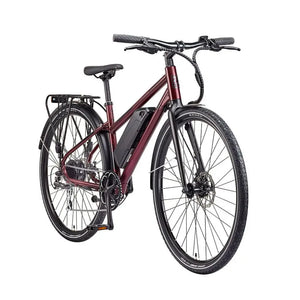 Angled view of the EZEGO Commute Ex Ladies electric bike in maroon, featuring a low-step aluminium frame, external downtube battery, and rear pannier rack.