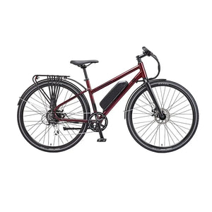 Full side profile of the EZEGO Commute Ex Ladies electric bike in maroon, featuring a low-step aluminium frame, external downtube battery, and rear pannier rack.