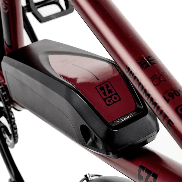 Detail view of the removable 400Wh external battery mounted on the downtube of the maroon EZEGO Commute Ex, designed for easy charging on or off the bike.