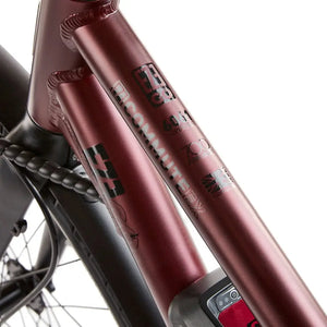 Close-up of the maroon frame tubing on the EZEGO Commute Ex, highlighting the "6061 Aluminium" and "700c" specification decals.