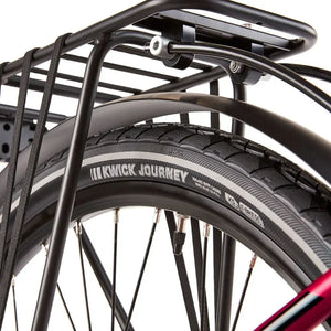 Detail of the puncture-resistant Kenda Kwick Journey tyres and the sturdy rear pannier rack on the EZEGO Commute Ex, ready for pannier bags.