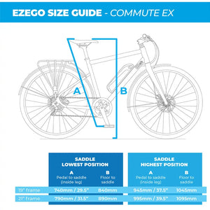 Technical size guide and geometry chart for the EZEGO Commute Ex Ladies model, showing frame measurements for 19" and 21" sizes to help riders find the perfect fit.