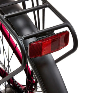Close-up of the red rear reflector mounted securely to the pannier rack of the EZEGO Commute Ex, ensuring visibility from behind.