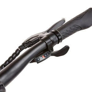 Rider's view of the right handlebar on the Commute Ex, showing the Shimano 8-speed rapid fire gear shifter and ergonomic comfort grip.