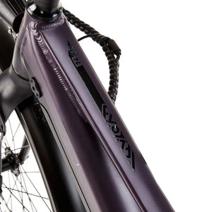 The head tube area on the EZEGO Commute Int, highlighting the smooth welding and metallic purple finish of the 6061 aluminium frame.