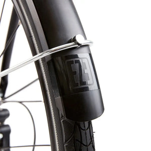 Detail of the branded front mudguard on the EZEGO Commute Int, which protects the rider from road spray and debris.