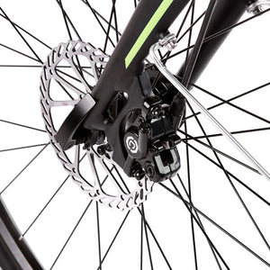 Close-up of the front disc brake rotor and caliper on the EZEGO Commute Int, designed to provide consistent stopping power in wet urban conditions.