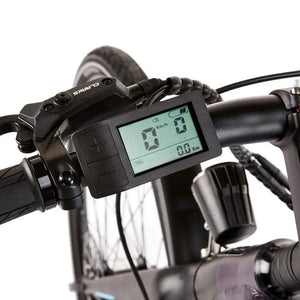 Digital LCD display mounted on the handlebars of the EZEGO Commute Int, showing essential ride data like speed and battery life next to the control buttons.