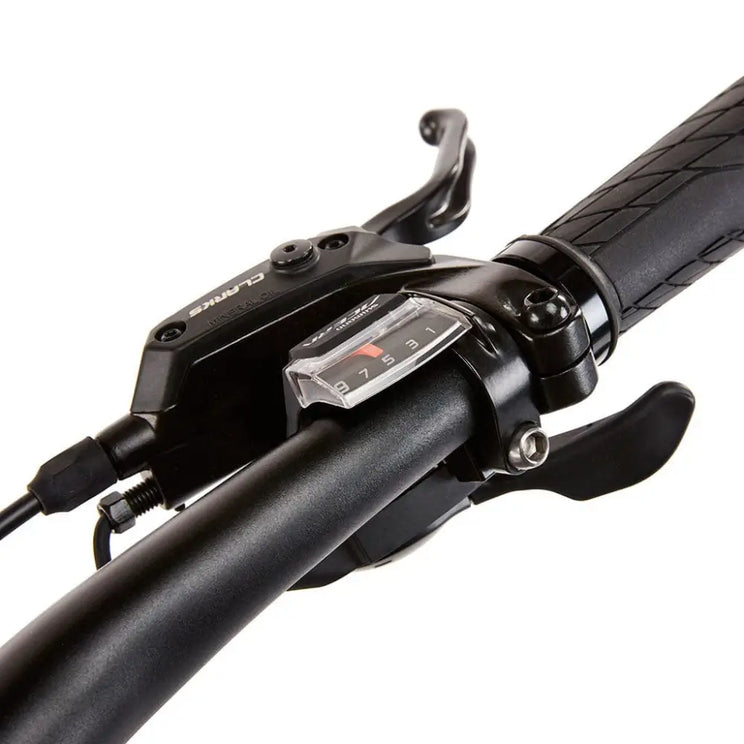 Rider's view of the Shimano Acera gear shifter with optical display on the EZEGO Commute Int, allowing users to easily see which gear is selected.