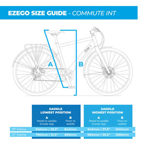 Technical size guide and geometry chart for the EZEGO Commute Int electric bike, displaying measurements for 19" and 21" frames including saddle height and standover clearance.