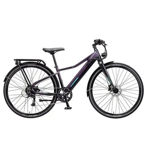Side view of the EZEGO Commute Int unisex electric bike in metallic purple, featuring a low-step frame, integrated battery, and rear pannier rack for city commuting.