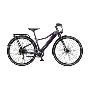 Side view of the EZEGO Commute Int unisex electric bike in metallic purple, featuring a low-step frame, integrated battery, and rear pannier rack for city commuting.
