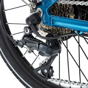 Close-up of the Shimano Claris rear derailleur and 8-speed cassette on the blue EZEGO Fold electric bike frame.