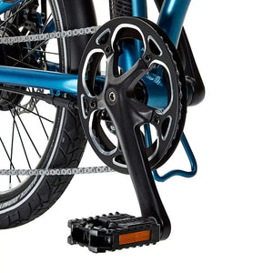 Detail view of the crankset, folding pedal, and main frame hinge mechanism on the blue EZEGO Fold electric bike.