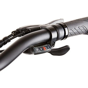 Close-up of the Shimano 8-speed gear shifter and ergonomic grip on the right handlebar of the EZEGO Fold bike.