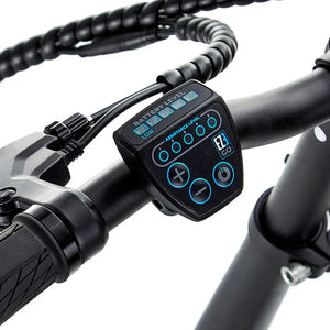 The LED display panel and control buttons on the EZEGO Fold electric bike handlebars.
