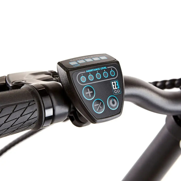 Rider's view of the LED handlebar display and control buttons showing assistance levels on the EZEGO Fold bike.