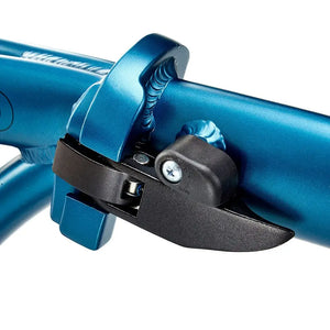 Detailed shot of the robust main frame folding hinge and locking lever mechanism on the blue EZEGO Fold electric bike.