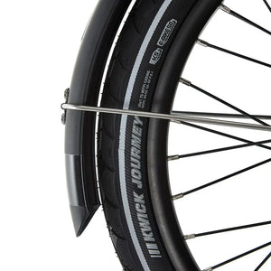 Close-up of the Kenda Kwick Journey tire tread and reflective sidewall strip on the EZEGO Fold electric bike wheel.