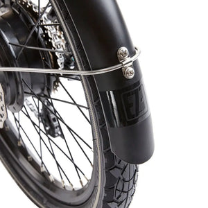 Close-up of the EZEGO branded logo on the black rear mudguard of the folding electric bike.