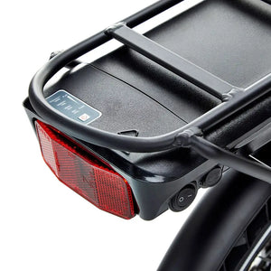 Rear luggage rack housing the battery and integrated red tail light on the EZEGO Fold electric bike.
